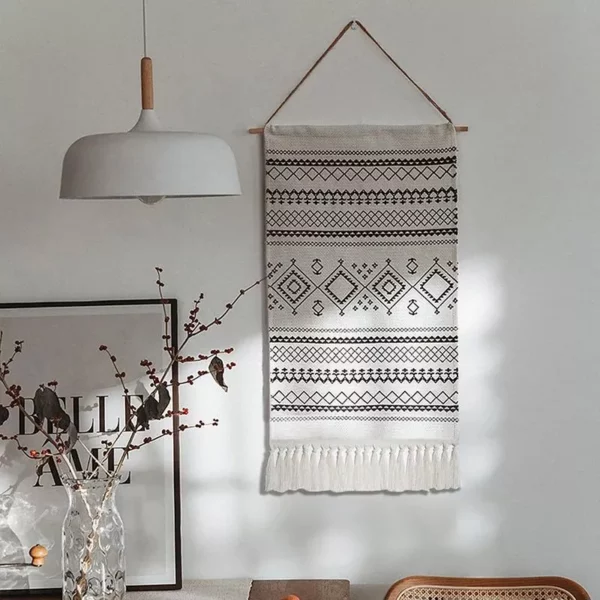 Bohemian Black & White Geometric Macrame Tapestry - Image 2