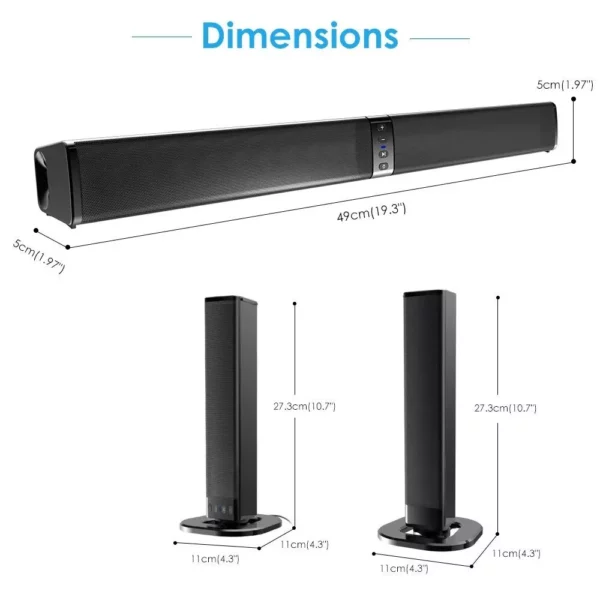 20W Detachable Bluetooth Soundbar with Subwoofer, Wired & Wireless, Home Theater 3D Surround Sound