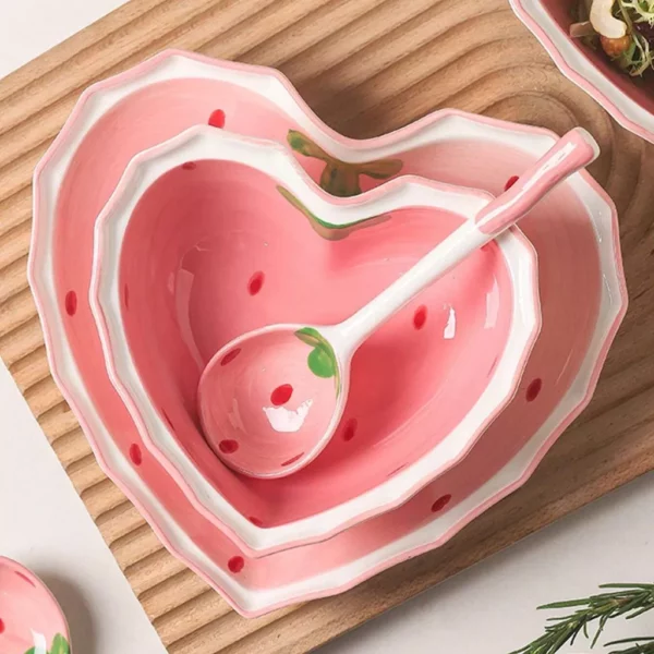 Charming Heart-Shaped Strawberry Ceramic Bowl