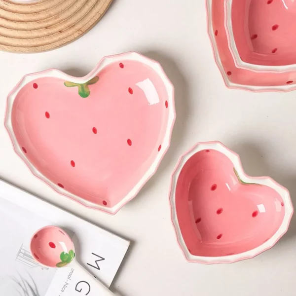 Charming Heart-Shaped Strawberry Ceramic Bowl