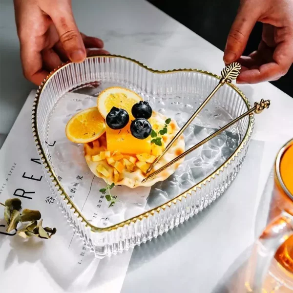 Heart-Shaped Glass Dessert Plate with Gold Rim