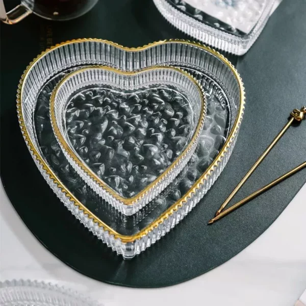 Heart-Shaped Glass Dessert Plate with Gold Rim