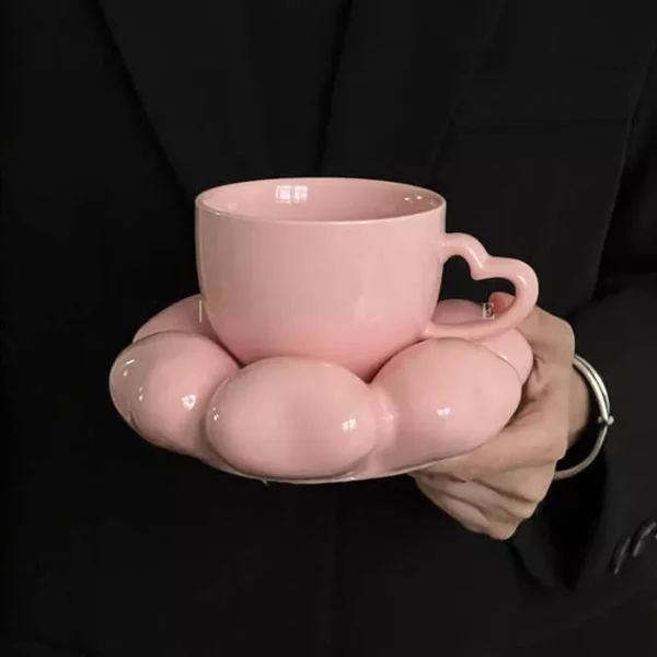 Pink Heart Ceramic Coffee Mug with Saucer