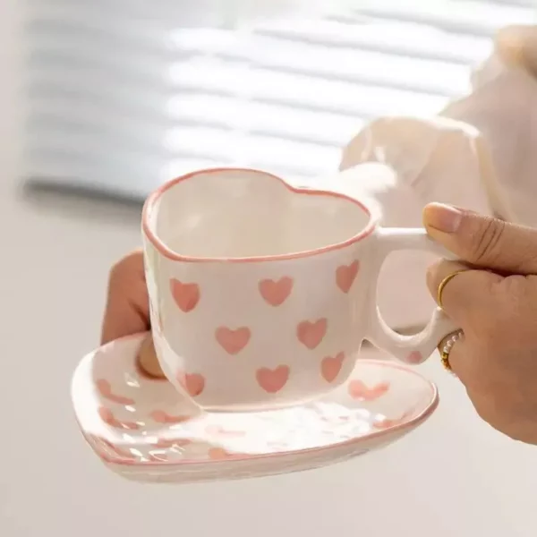 Heart-Shaped Pink Love Ceramic Coffee Cup Set