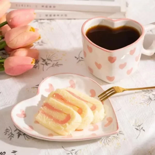 Heart-Shaped Pink Love Ceramic Coffee Cup Set