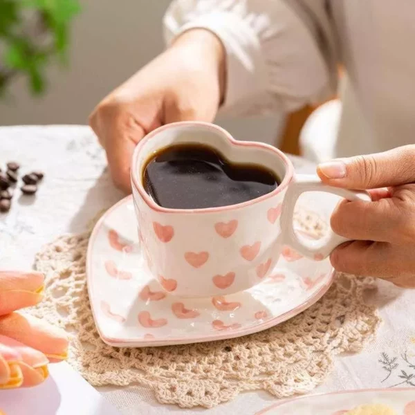 Heart-Shaped Pink Love Ceramic Coffee Cup Set