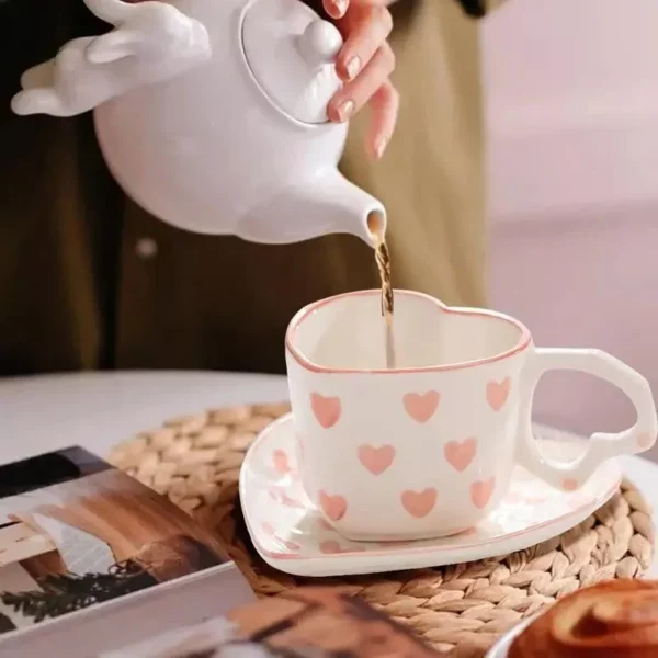 Heart-Shaped Pink Love Ceramic Coffee Cup Set