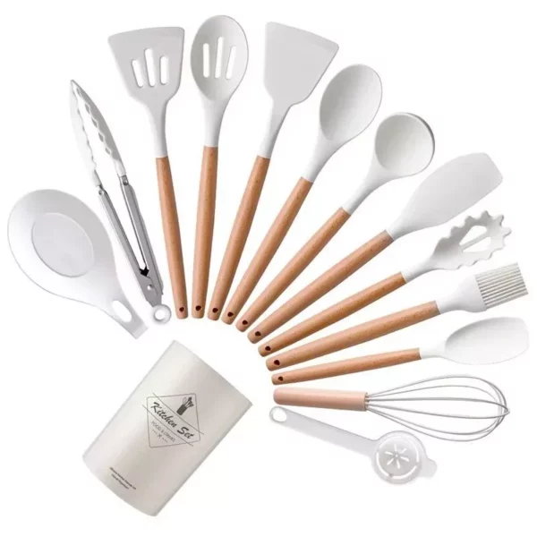 Wooden Handle Tableware Heat Resistant Silicone Utensils Set