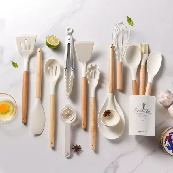 Wooden Handle Tableware Heat Resistant Silicone Utensils Set