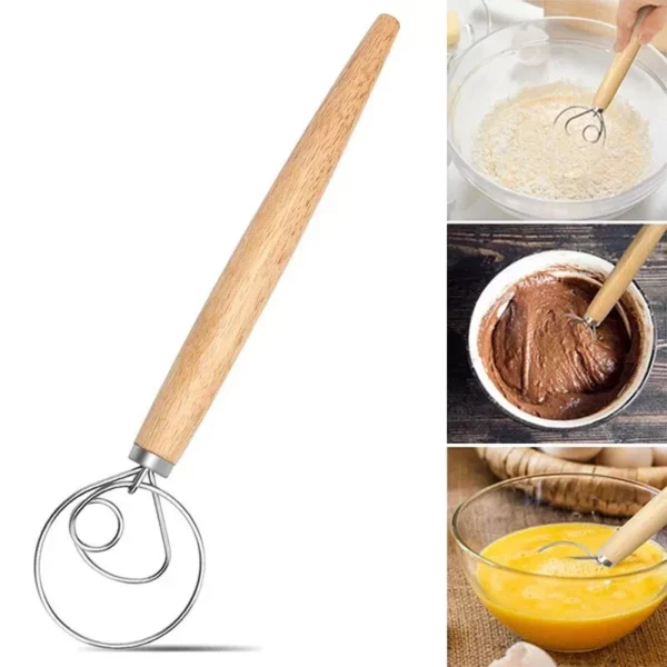 Multi-Function Danish Dough Whisk with Wood Handle – Stainless Steel Hand Mixer for Baking