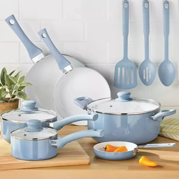 Deluxe Aqua 12-Piece Ceramic Nonstick Cookware Set – Eco-Friendly, Hand Wash Only