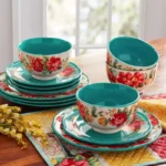 Vintage Floral Teal Dinnerware Set 12 Piece Elegant Stoneware