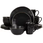 Elegant 16-Piece Matte Black Stoneware Dinnerware Set with Gold Trim