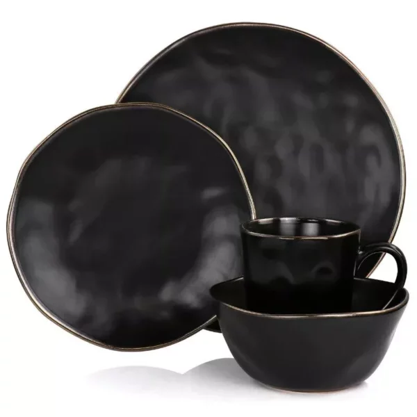 Elegant 16-Piece Matte Black Stoneware Dinnerware Set with Gold Trim - Image 3