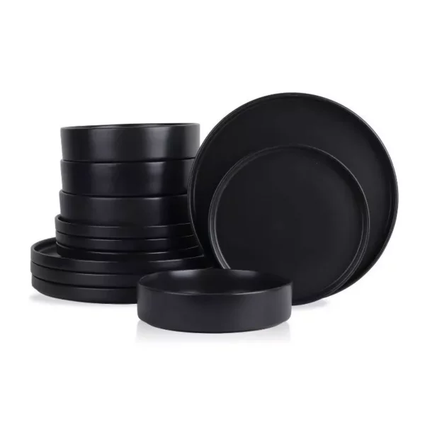 Elegant 12-Piece Black Round Ceramic Dinnerware Set