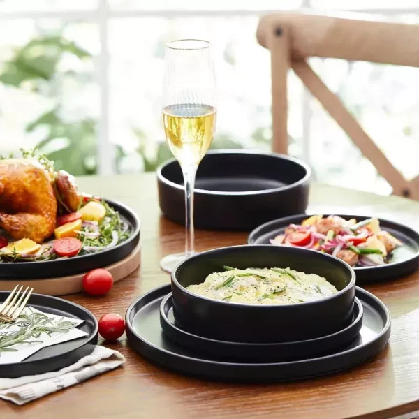 Elegant 12-Piece Black Round Ceramic Dinnerware Set