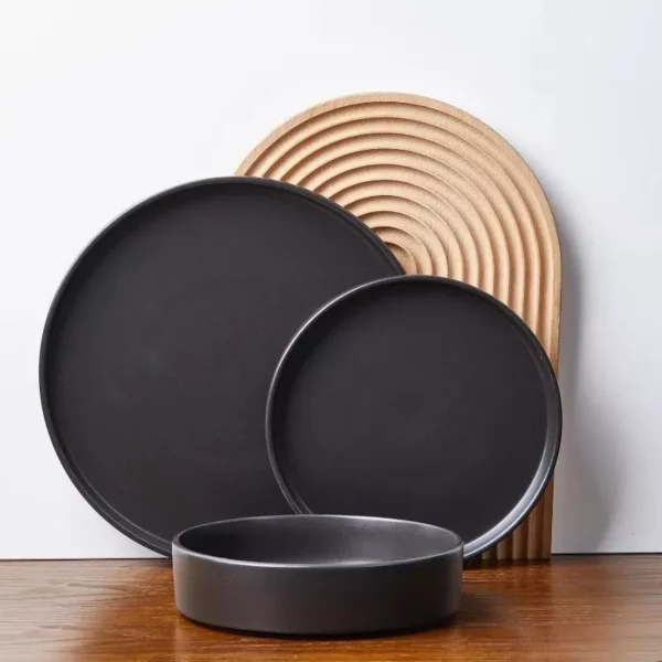 Elegant 12-Piece Black Round Ceramic Dinnerware Set