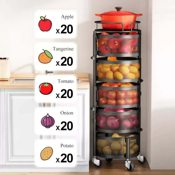 5-Tier Rotating Fruit and Vegetable Basket with Metal Lid