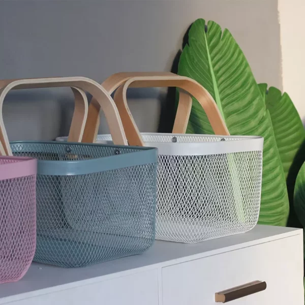 Multi-Purpose Iron Mesh Storage Basket with Wooden Handle