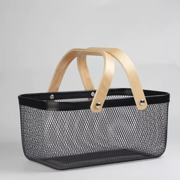 Multi-Purpose Iron Mesh Storage Basket with Wooden Handle