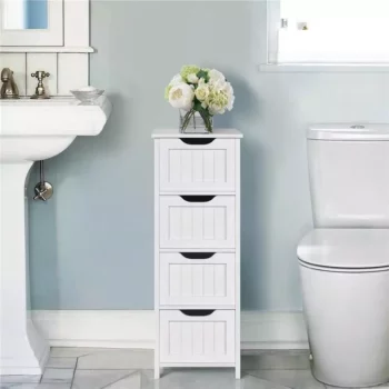 Elegant White Wooden Bathroom Cabinet with 4 Drawers