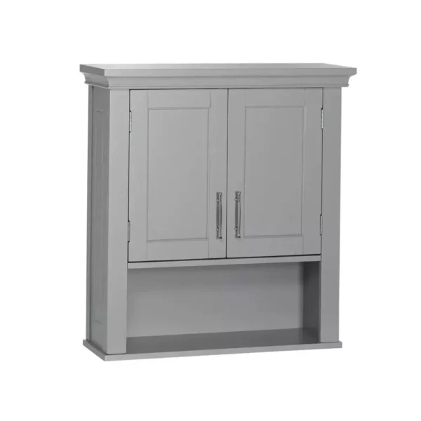 Elegant Gray 2-Door Bathroom Wall Cabinet with Open & Interior Shelves - Image 4