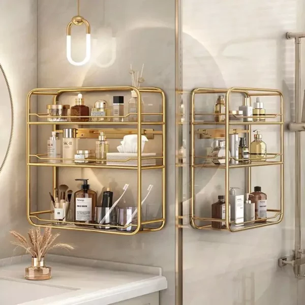 Luxurious Gold Three-Layer Wall Mounted Bathroom Shelf