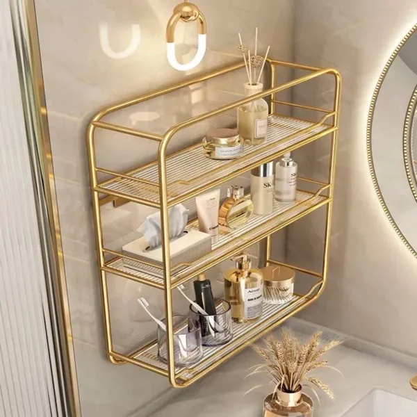 Luxurious Gold Three-Layer Wall Mounted Bathroom Shelf