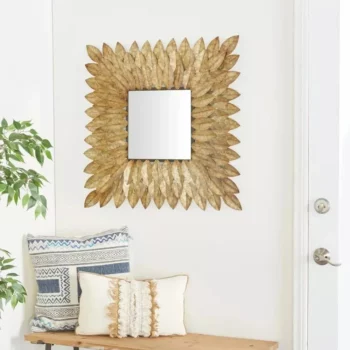 Rustic Radial Leaf Design Wall Mirror – 30″ Brown Square Mirror for Home Decor