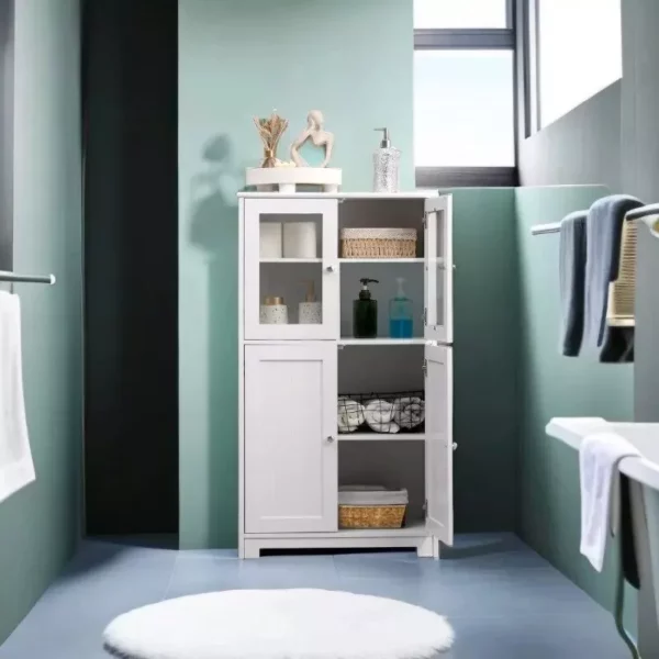 White Wooden Bathroom Floor Storage Cabinet - Image 7