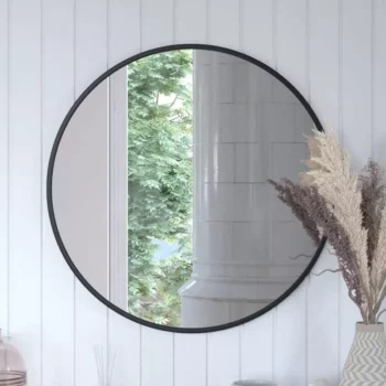 Modern 30″ Black Round Wall Mounted Mirror with Backlight – Elegant Decor for Bathroom & Home