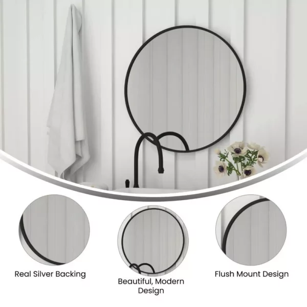 Modern 30" Black Round Wall Mounted Mirror with Backlight - Elegant Decor for Bathroom & Home - Image 5