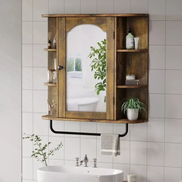 Wall-Mounted Brown Mirror Cabinet with Removable Shelf - Image 2