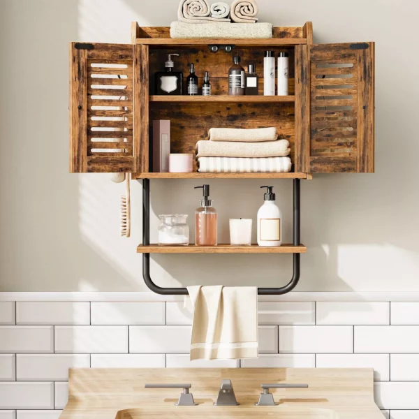 Rustic Brown Double Door Wall-Mounted Bathroom Cabinet with Towel Bar and Adjustable Shelf