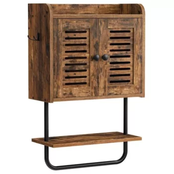 Rustic Brown Double Door Wall-Mounted Bathroom Cabinet with Towel Bar and Adjustable Shelf