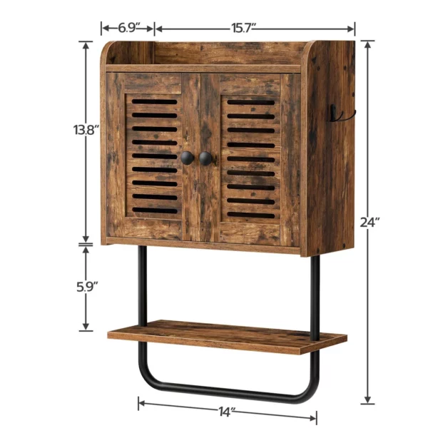 Rustic Brown Double Door Wall-Mounted Bathroom Cabinet with Towel Bar and Adjustable Shelf - Image 3