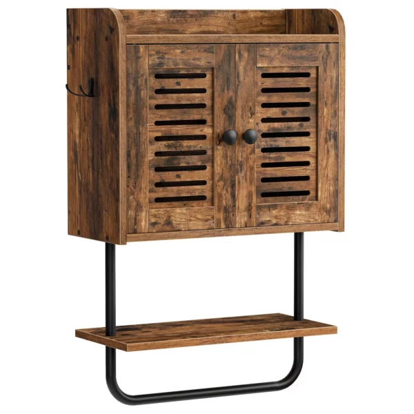 Rustic Brown Double Door Wall-Mounted Bathroom Cabinet with Towel Bar and Adjustable Shelf - Image 2