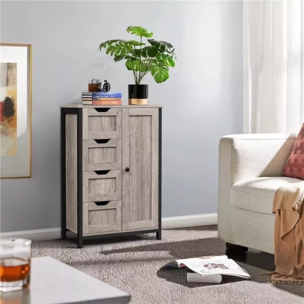 Elegant Gray Wooden Bathroom Storage Cabinet with 4 Drawers and Adjustable Shelves - Image 4