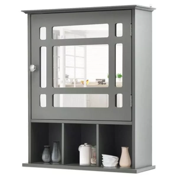 Elegant Grey Wall-Mounted Mirrored Medicine Cabinet with Adjustable Shelf