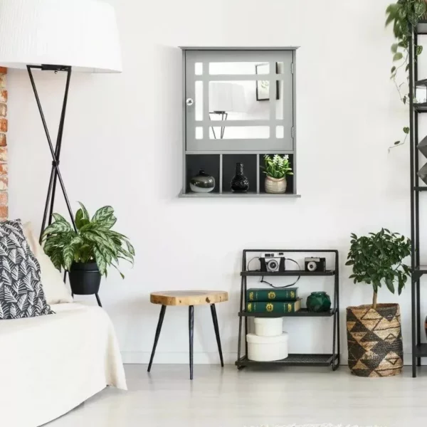 Elegant Grey Wall-Mounted Mirrored Medicine Cabinet with Adjustable Shelf