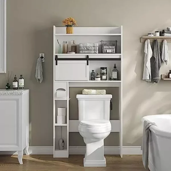 Elegant White 6-Tier Over-The-Toilet Storage Cabinet with Sliding Barn Door - Image 7