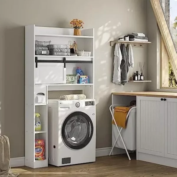 Elegant White 6-Tier Over-The-Toilet Storage Cabinet with Sliding Barn Door