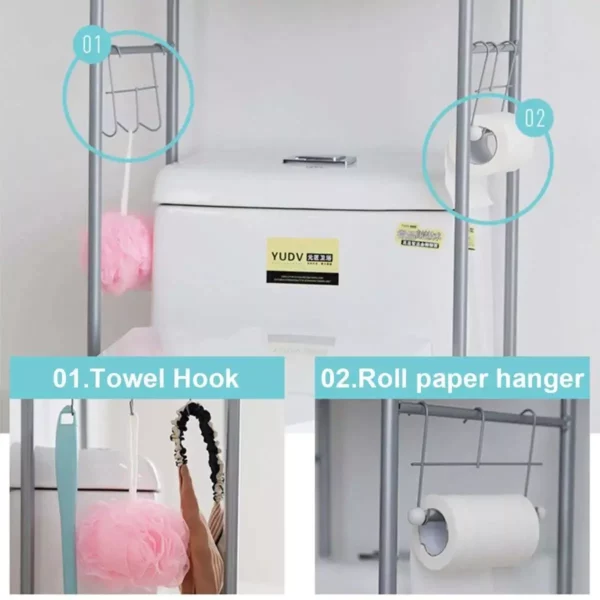 Multi-Purpose Metal Bathroom Organizer with Towel Hook and Roll Holder - Image 3