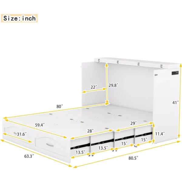 Transformable Queen/Full Size Murphy Wall Bed with Drawers, Sockets & USB Ports