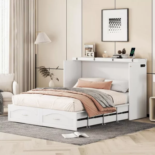 Transformable Queen/Full Size Murphy Wall Bed with Drawers, Sockets & USB Ports