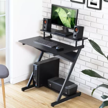 Compact Modern Z-Shaped Computer Desk with Monitor Shelf for Small Spaces