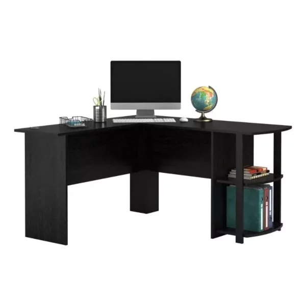 Efficient L-Shaped Black Oak Desk with Bookshelves for Home Office - Image 4