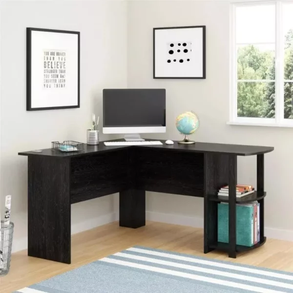 Efficient L-Shaped Black Oak Desk with Bookshelves for Home Office - Image 2