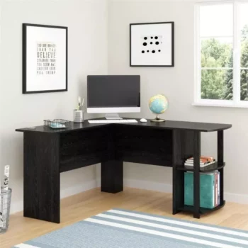 Efficient L-Shaped Black Oak Desk with Bookshelves for Home Office