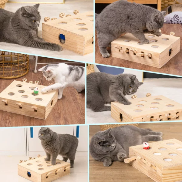 Interactive Solid Wood Whack-a-Mole Cat Toy with Natural Wood Finish - Image 6